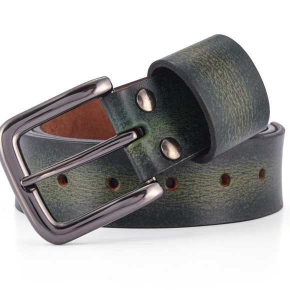 Forest Green Vintage Oil Waxed Full Grain Leather Belt - Free Personalization - Picture 3 of 15